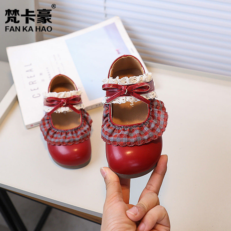 Vancahao kids' lace-up leather shoes,  autumn new collection, korean style girls' fashion soft sole bow princess shoes