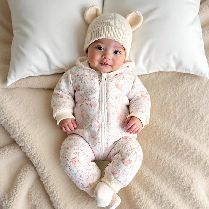 new arrival cotton clothing winter baby jumpsuit hooded cartoon thickeneded romper christmas deer baby khaki ins