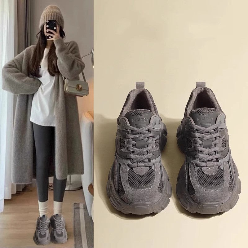 Dad shoes for women, 2026 new spring/summer collection, lightweight breathable mesh, chunky platform, height-increasing sneakers, trendy street style, gray