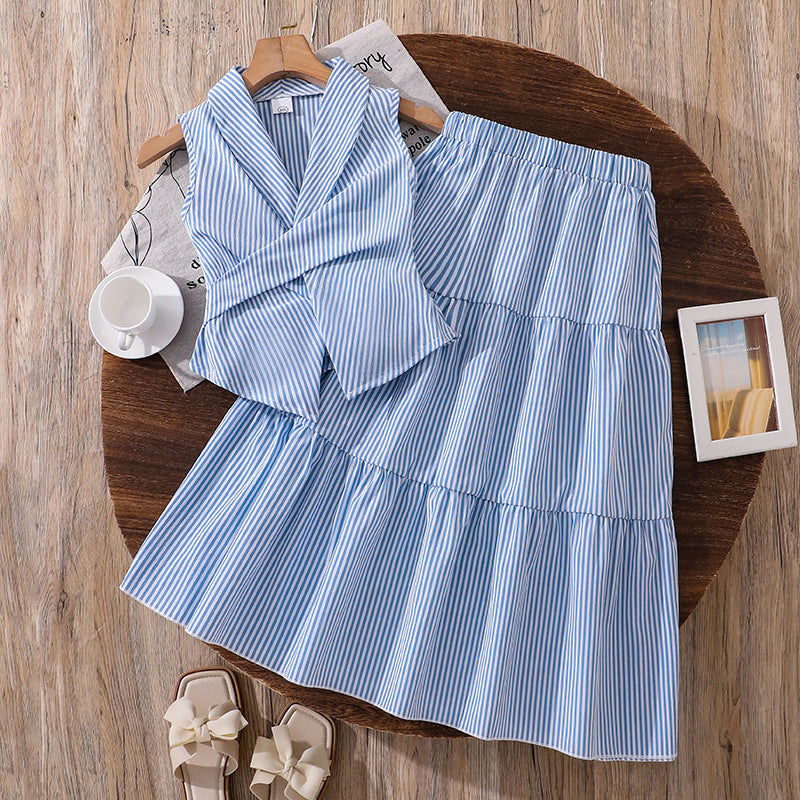 fashion children's clothing 26summernew arrivalstripes sleeveless waist slimming lookshirt skirtexportgirlsuit