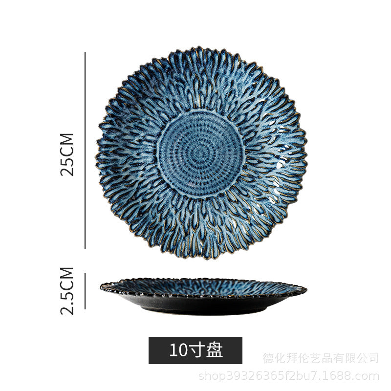 Kiln-turned retro style grids ceramic flower plate creative for home sunflower plate fruit salad plate japanese style plate