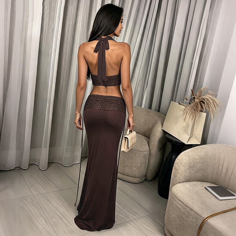 Aliexpress  summer new sexy deep v halter neck tie-up crop top with sequined low-rise midi skirt set