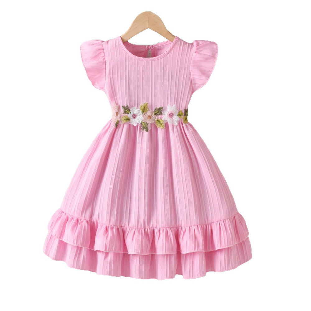 Girls' summer pink dress for export: flutter sleeves, ruffle trim, floral embroidery, belted waist, double-layered skirt, princess style