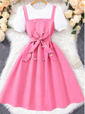 Big kids' (girls') dress, double-breasted suspender dress, short-sleeve faux two-piece dress