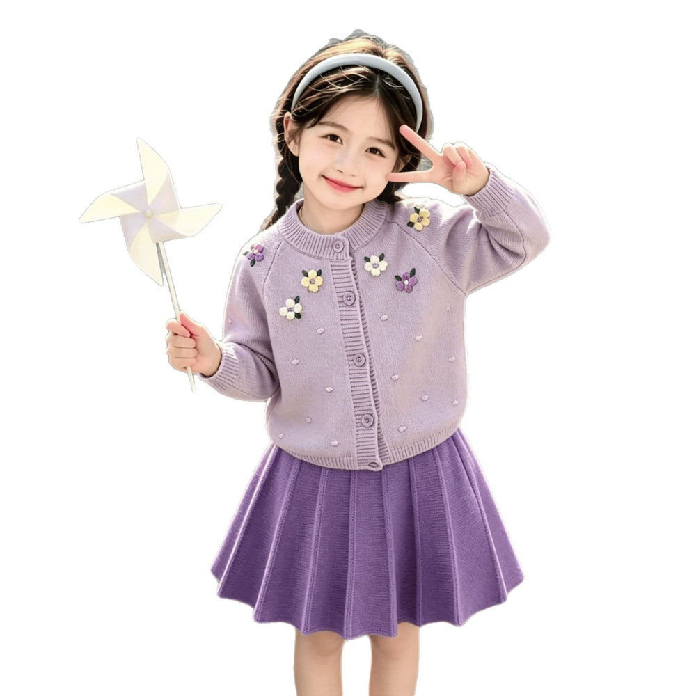 Girls' sweater set: korean style 3d floral purple knit cardigan,  trendy long-sleeve two-piece sweater set