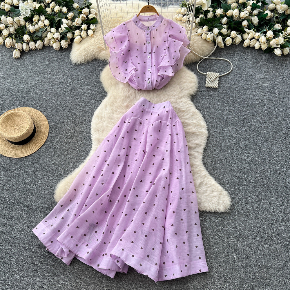 French chic two-piece set: women's gentle style round neck ruffle trim heart print top + high-waisted flared midi skirt