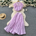 French chic two-piece set: women's gentle style round neck ruffle trim heart print top + high-waisted flared midi skirt