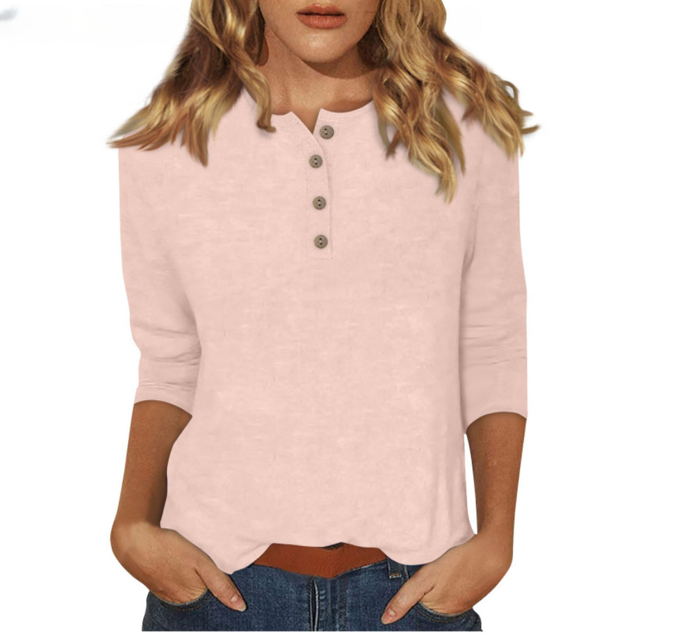 cross-border  women's fashion casual three-quarter sleeve solid color button-down crew neck t-shirt top