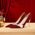 Pearl red wedding shoes! niche style elegant suede bridal xiuhe shoes engagement dinner with cheongsam bridesmaid high heels