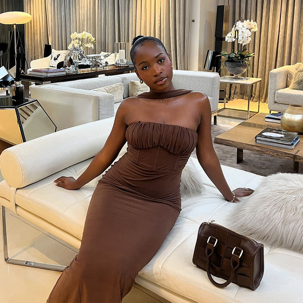 European and American  women's clothing elegant solid color long dress tube top hanging neck off the shoulder one-word collar sexy one-step hip wrap skirt
