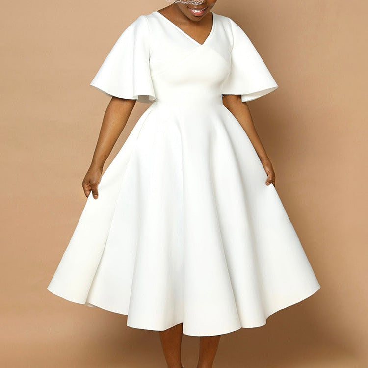 D3191 cross-border women's clothing  new style bell sleeves v neckfashionelegant large skirt dress european and american dress