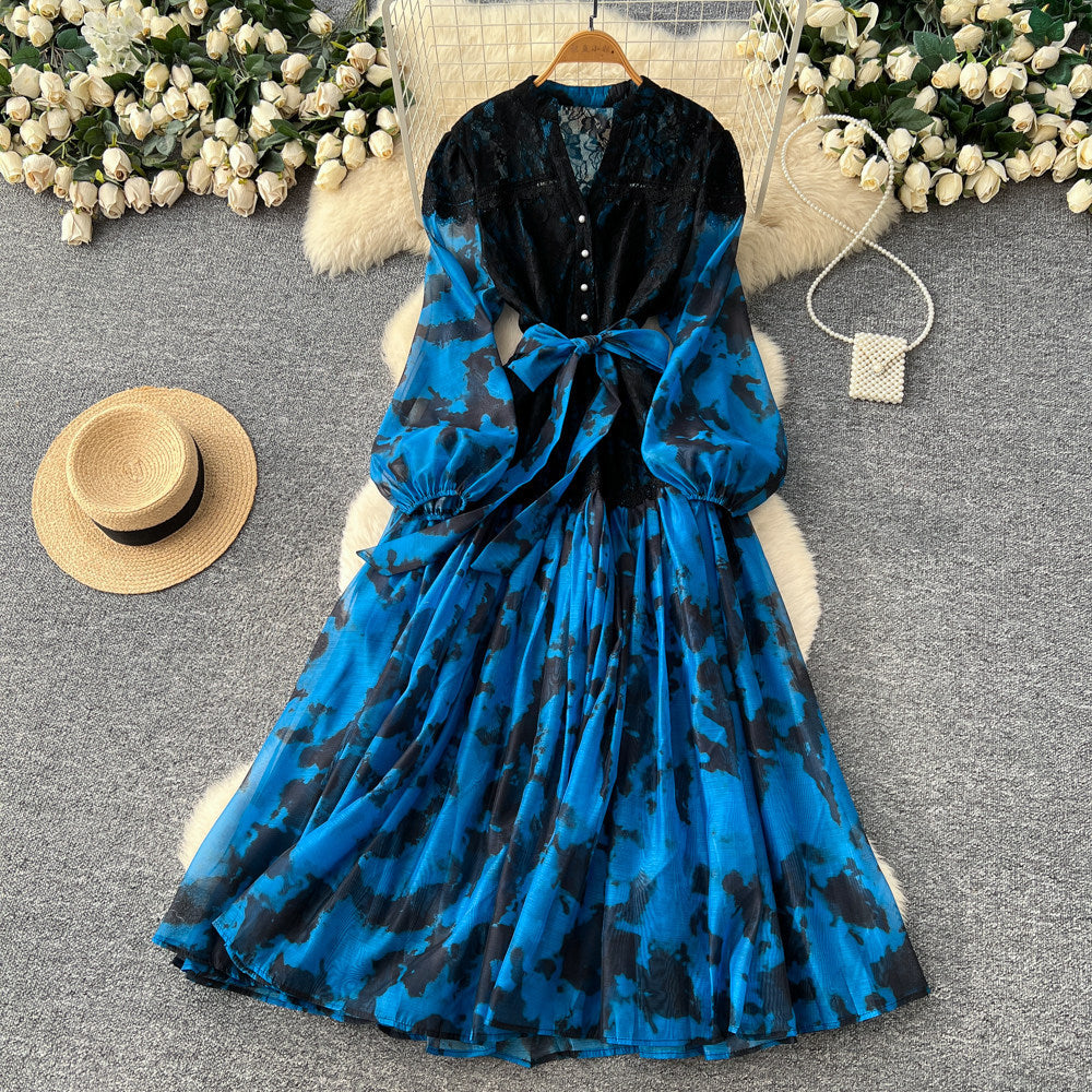 Gentle wind lacepatchworkelegantdress women's summerclassy sense of binding color matching waist printing long skirt work clothing