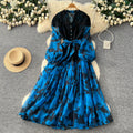 Gentle wind lacepatchworkelegantdress women's summerclassy sense of binding color matching waist printing long skirt work clothing