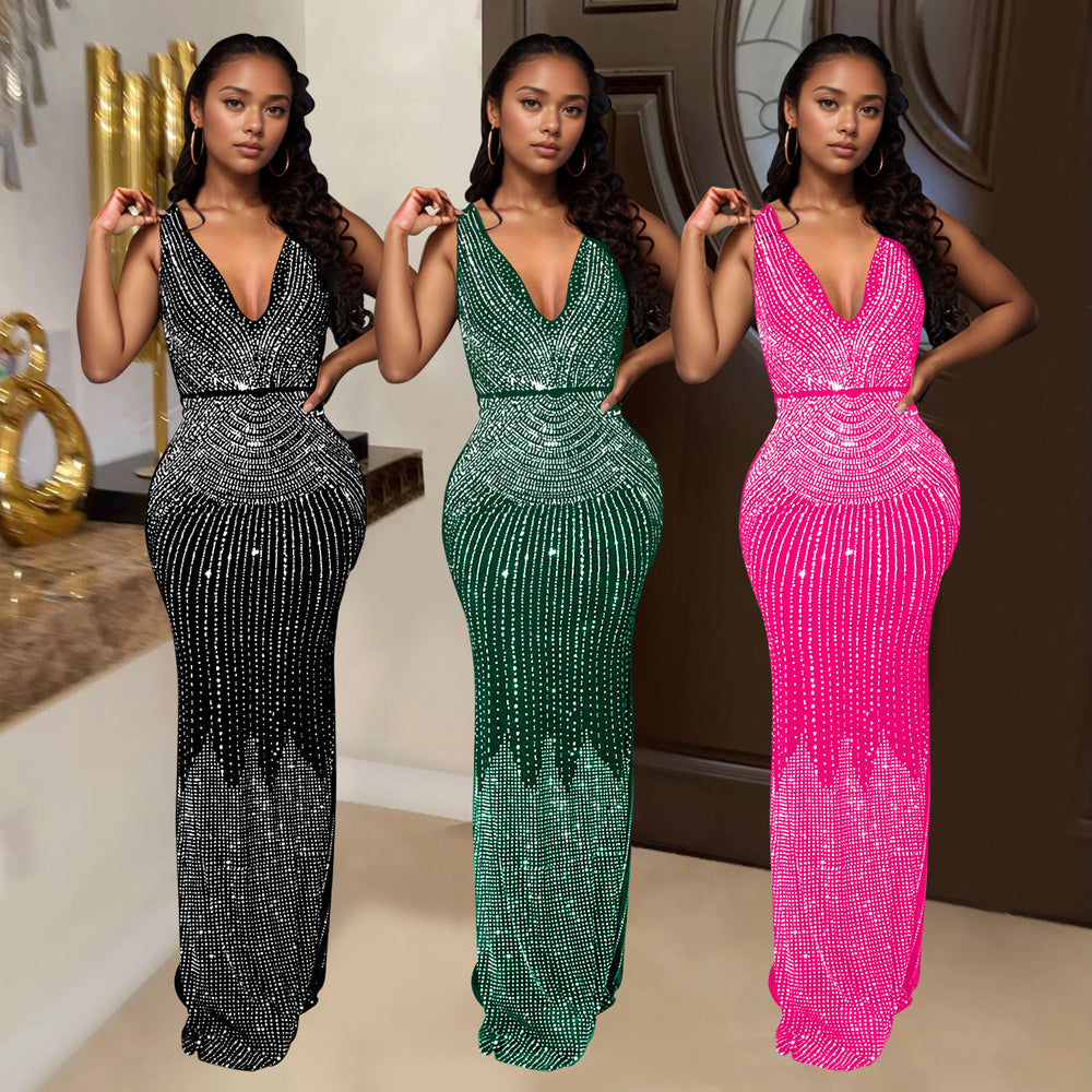 C7072 cross-border   independent station fashionable women's fashion women's hot diamond sleeveless long sleeve dress new