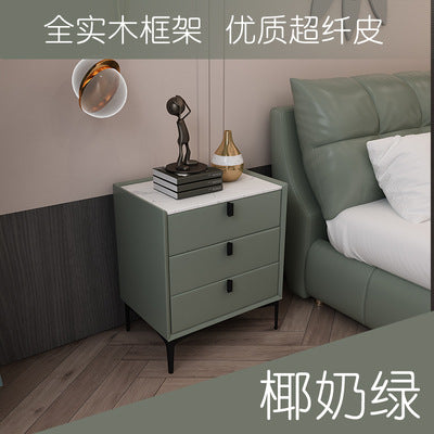 Ready-to-ship, modern, minimalist faux leather bedside table with three drawers, italian-style high-end, popular bedroom solid wood nightstand