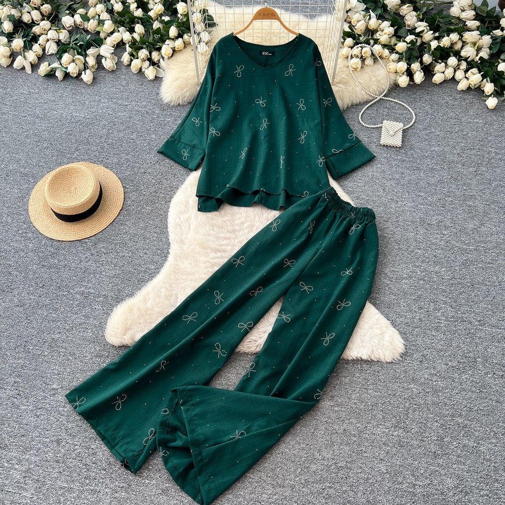 Light mature style round neck sweetbowsprintingtwo-piece set women's spring autumwork clothing style three-quarter sleeve fashionablesuit