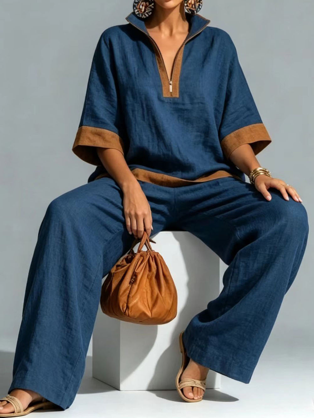 fashionsummernew arrivalcontrast color linen casualsuit half zip stand collar topsloose pants two pieces