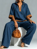 fashionsummernew arrivalcontrast color linen casualsuit half zip stand collar topsloose pants two pieces