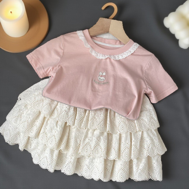 new summer girls' t-shirt and skirt two-piece set - korean style teardrop lace mini skirt outfit - princess style