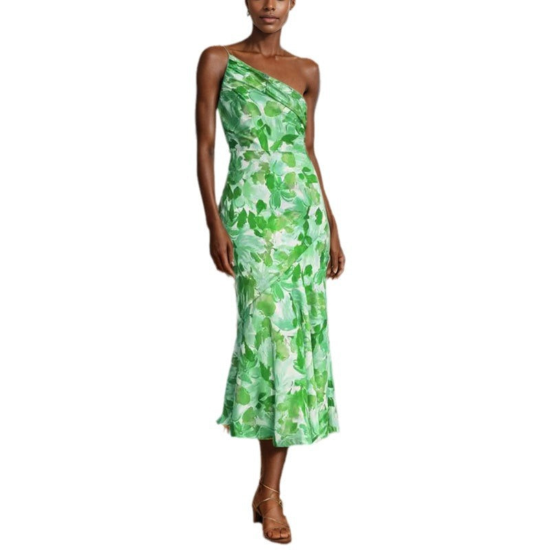 new european and american style sexy camisole maxi dress - printed asymmetrical neck fishtail dress - elegant commute
