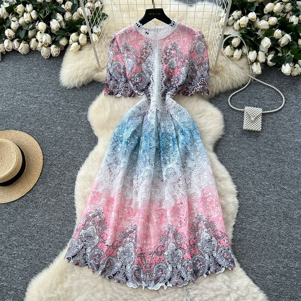 French retro chic crochet lace bubble sleeve dress - women's slimming, figure-flattering, elegant maxi dress