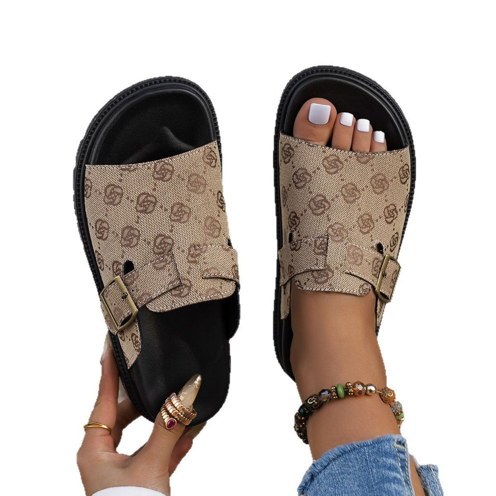 Plus size women's flat slippers  new arrival: premium thick-soled european and american style slip-on leather buckle strap one-strap roman sandals