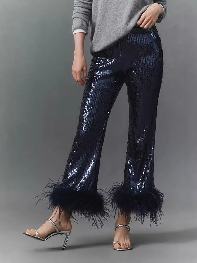 slimming independent station  european and american women's clothing sequinpants raw edge decoration fashion low waist nightclub pants