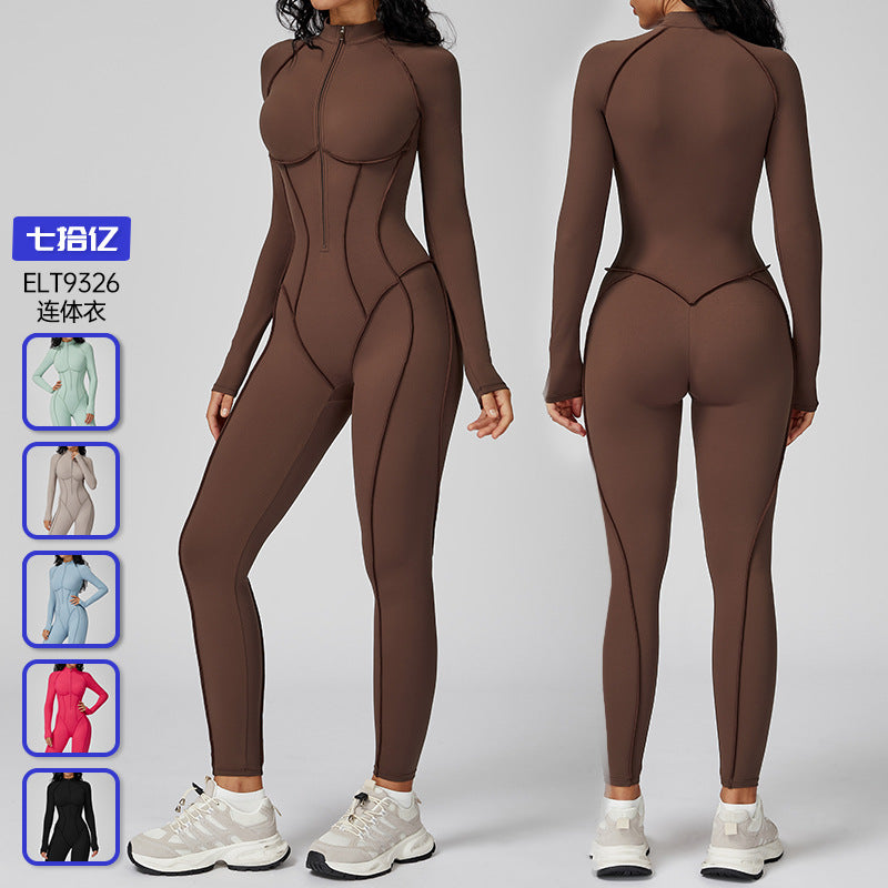 color block stand collar jumpsuit half-zip one-piece activewear women's high-intensity workout yoga suit 9326