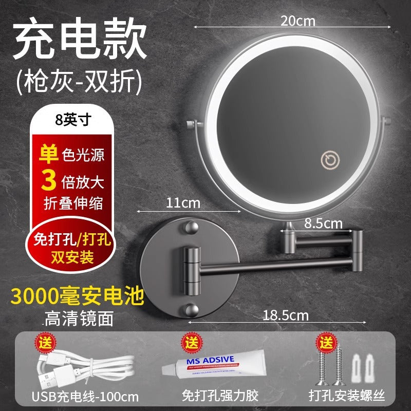 Toilet mirror folding non-punching hotel bathroom cosmetic mirror wall hanging telescopic double-sided LED beauty mirror with lamp