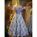 Amazon blue floral print off-the-shoulder dress - women's  summer new arrival - slim fit, figure-flattering dress