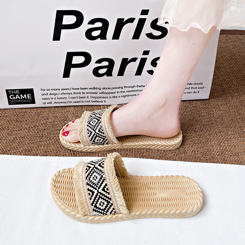 Ethnic style woven one-line sandals for women summernew arrivaleasiest for matchoutwear holiday style soft bottom beach sandals for women