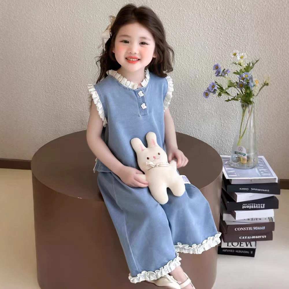 Girls' summer denim outfit:  new style kids' tank top and wide-leg pants fashionable two-piece set, baby summer clothes