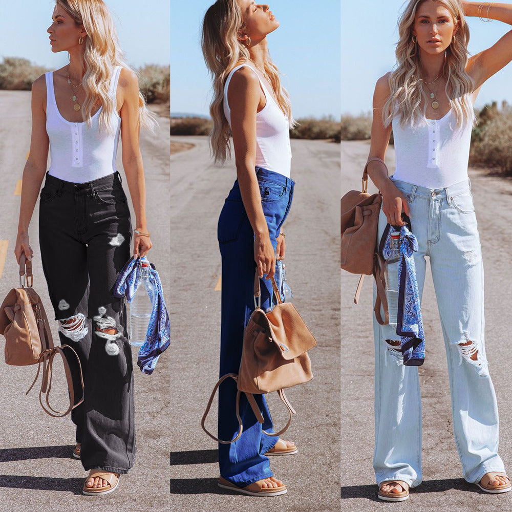 summer new arrival:  cross-border washed distressed high-waisted denim wide-leg casual pants for women