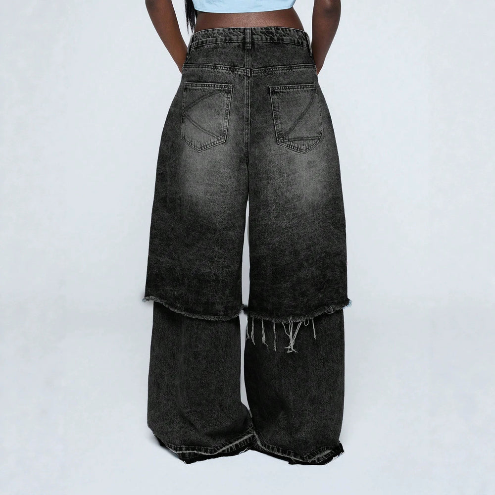 Fashionjeans women's washed fake two-piece raw edge loose pants high waist mop street looseplus sizestraight-legpants