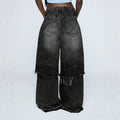 Fashionjeans women's washed fake two-piece raw edge loose pants high waist mop street looseplus sizestraight-legpants
