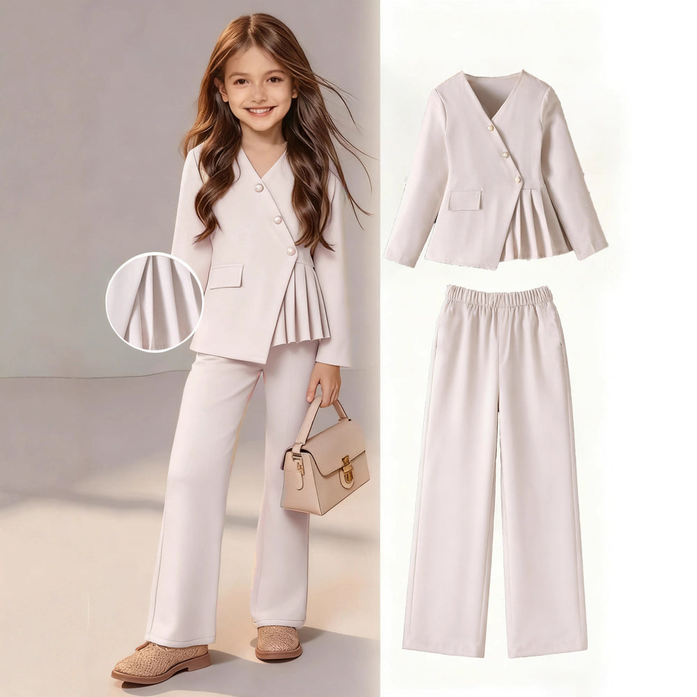 Girls' white suit set - spring/autumn new arrival: stylish and chic children's blazer and wide-leg pants two-piece outfit