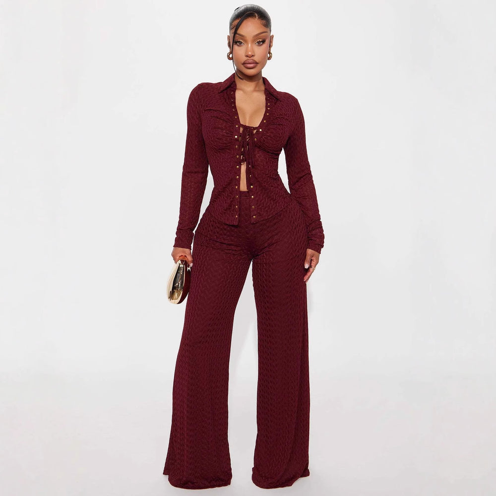 autumn women's casual turn-down collar long sleeve tie-front shirt and pants set - summer outfit