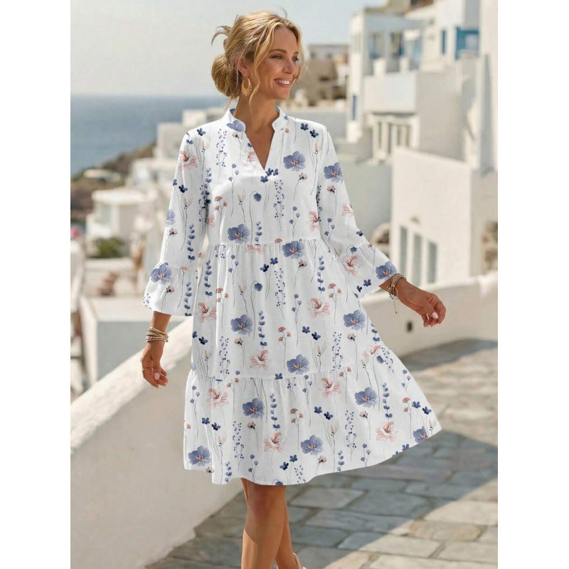Amazon summer european style casual minimalist elegant bohemian romantic vacation v-neck dress for women