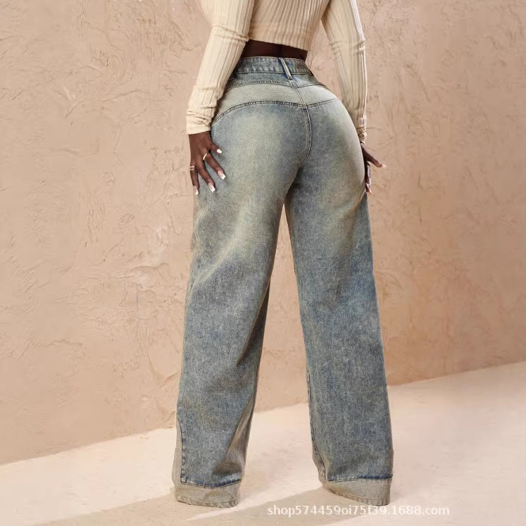 Amazon tiktok pinduoduo foreign trade cross-border fashion american retro distressed patchwork wide-leg jeans women's summer