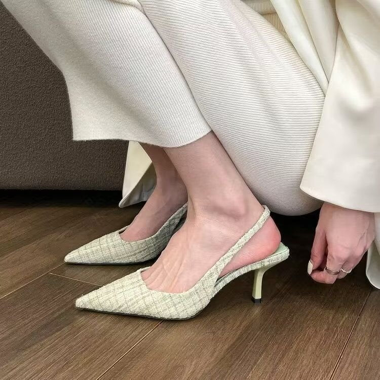 Classy small fragrant style high heels stiletto pointed toe sandals for women 2025 summernew arrival back empty toe cap plus sizeflats