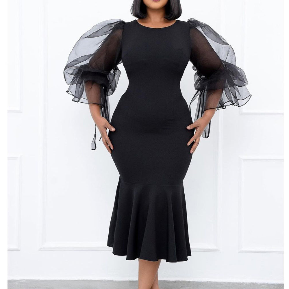 D172  independent station mesh splicing fishtail dress european and american fashion large size hip-covering cross-border dress