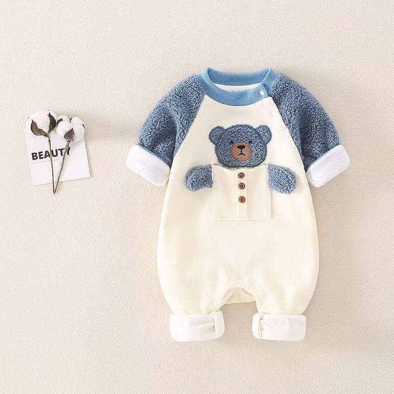 Baby pure cottonfleece-linedthickenedautumn winter onesie for going out and holding clothes for toddlers, cute super cute khakifashion crawling clothes