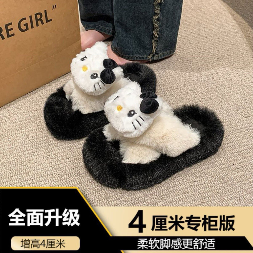 Versatile fuzzy slippers for women, thick-soled outdoor wear, new autumn/winter styles, trending online, platform sole, height-increasing, criss-cross cotton slippers