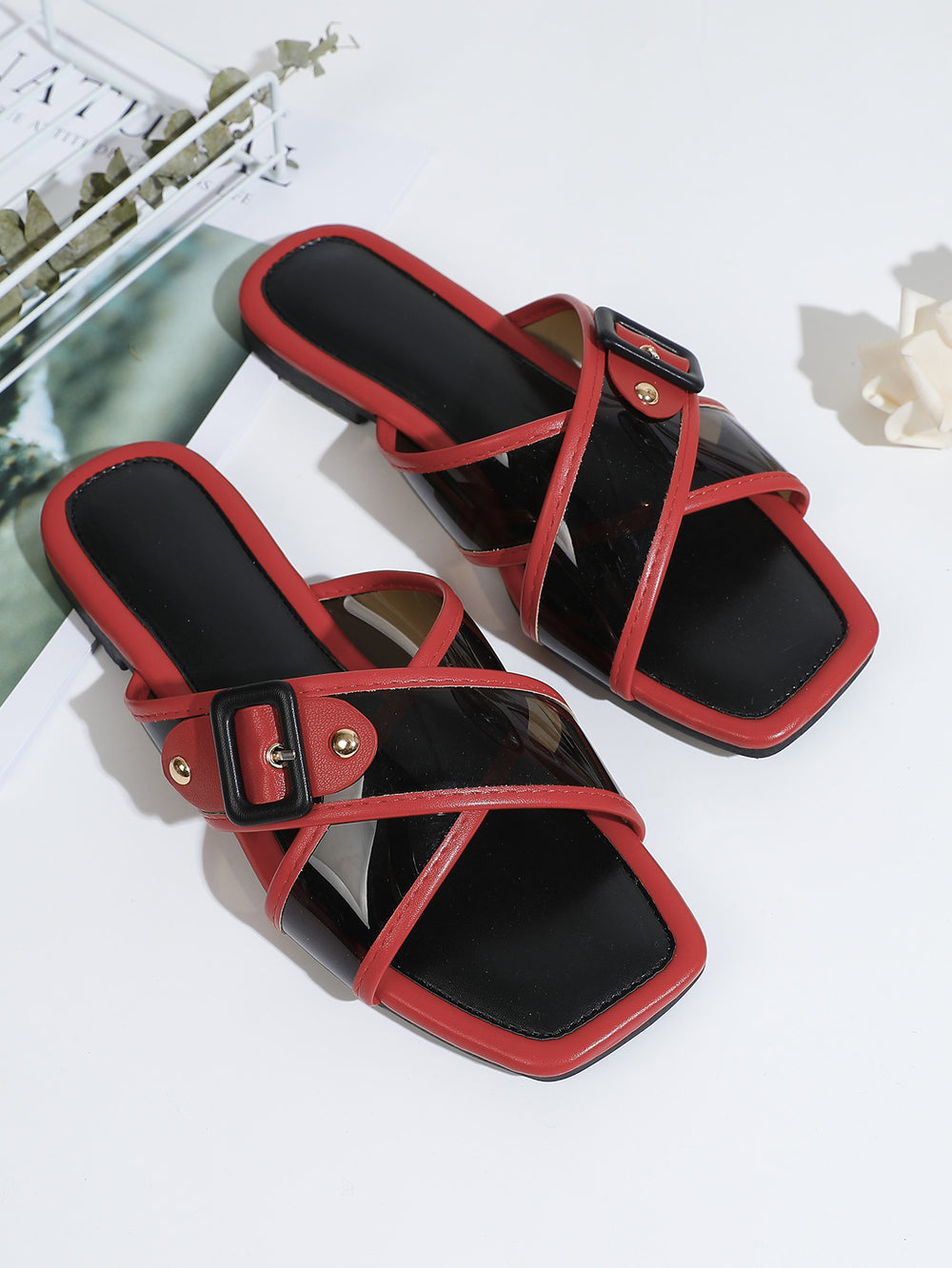 K-style women's shoes square toe cross strap belt buckle sandals glass glue soft leather retroflats slippers outwear flip-flops