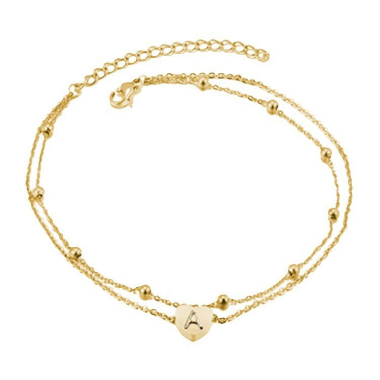European and american cross-border fashion women's heart-shaped ankle bracelet exquisite layered anklet letter beach jewelry gift