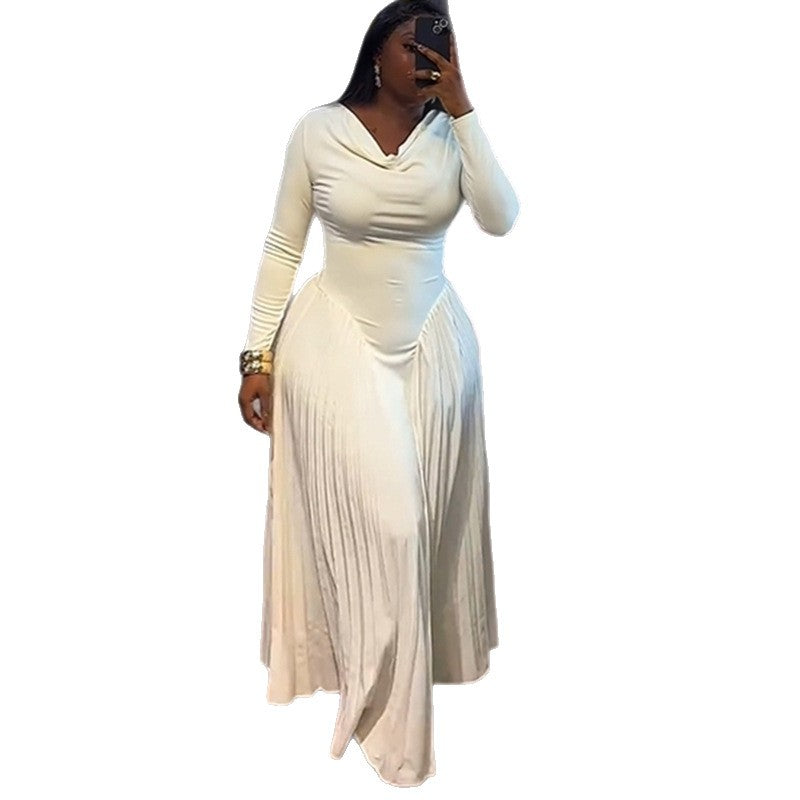 European and american cross-border women's fashion:  summer new arrival - elegant scalloped neck, figure-flattering, slimming a-line long sleeve dress