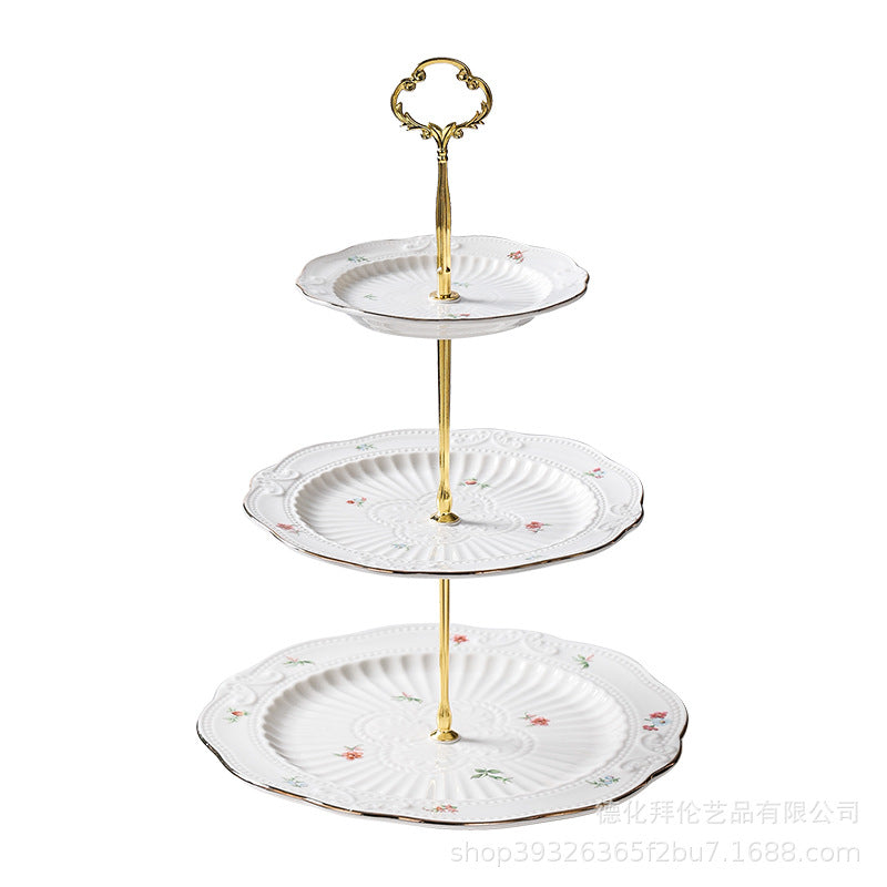 European-style floral dessert plate, three-tier fruit stand, modern display for show homes, creative embossed ceramic plate wholesale