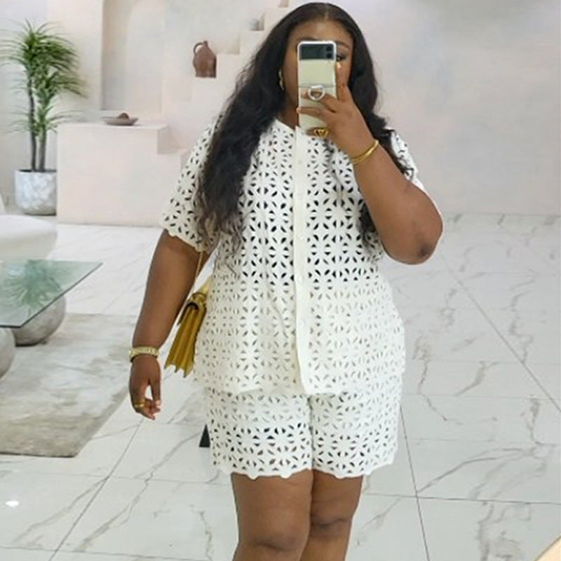 European and american cross-border women's fashion:  autumn new collection - stylish cutout crew neck short sleeve shirt & wide leg shorts casual set