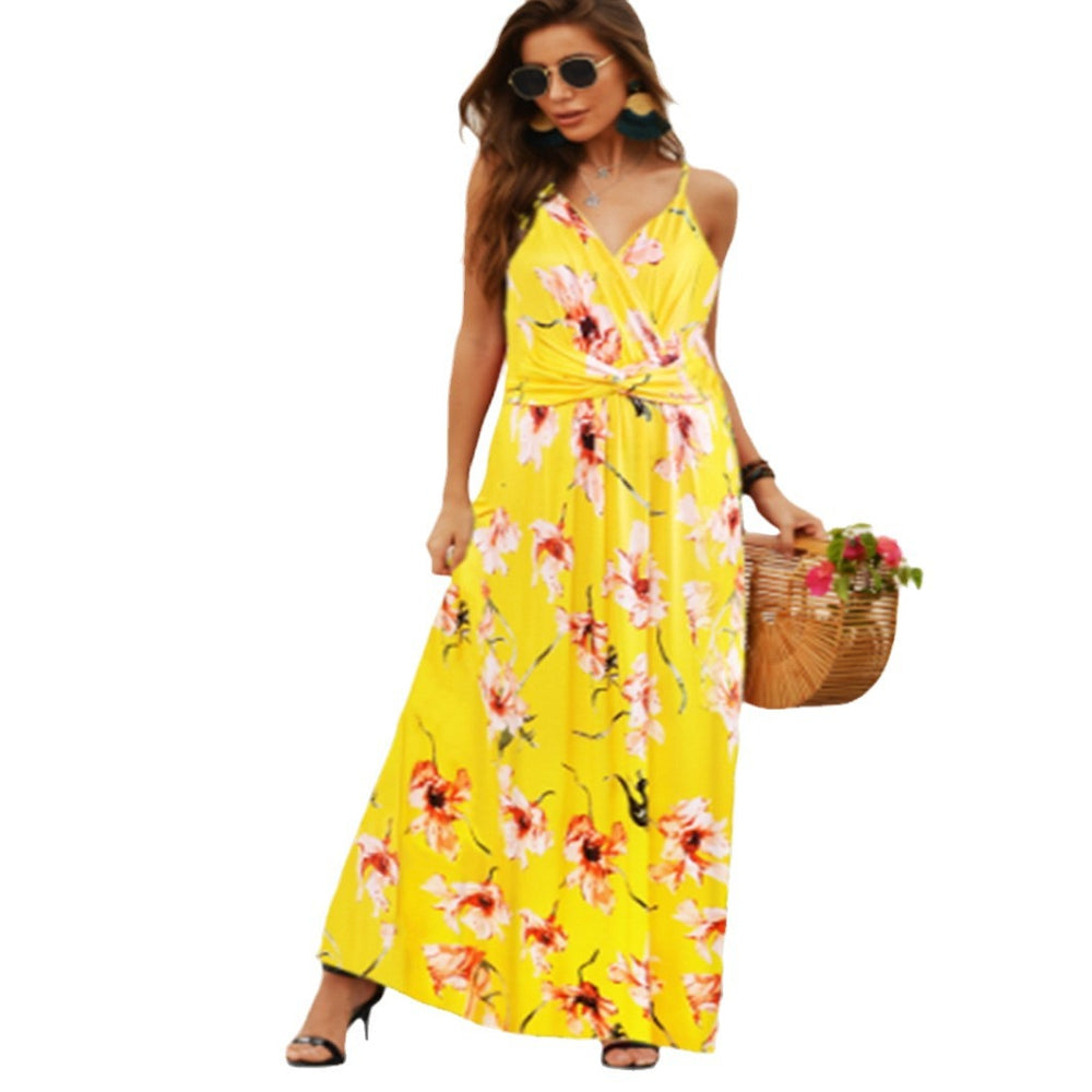 cross-border  spring/summer new arrivals: european and american style fashion v-neck camisole printed beach dress - maxi length