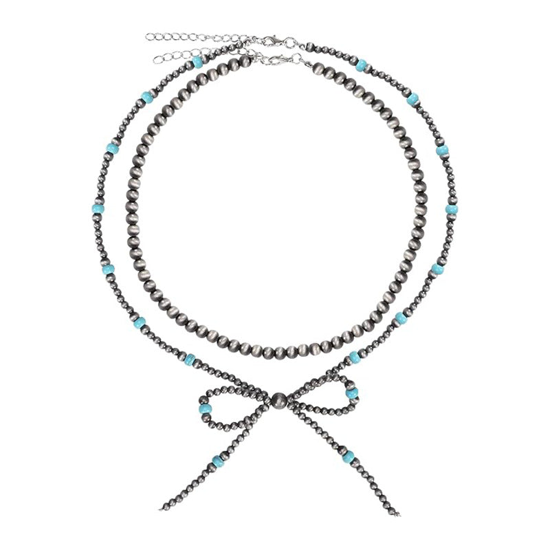 European and american cross-border jewelry amazon hot-selling bow necklace turquoise imitation pearl western cowboy style necklace